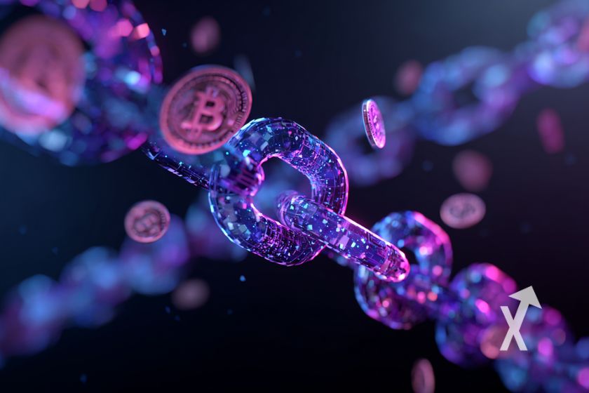 bleockahin en violet et rose avec un coin Bitcoin sur un fond noir