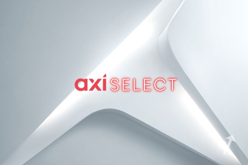 Le logo Axi Select en rouge sur un fond blanc avec une forme abstraite