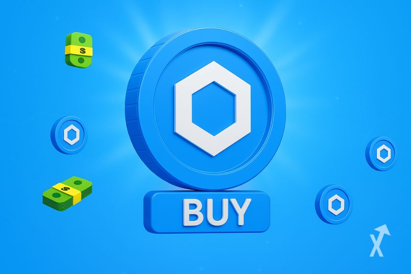 Un token de Chainlink en bleu avec d'autres petits tokens autour, des liasses de billets verts à gauche, un fond bleu et un bouton avec la mention "BUY"