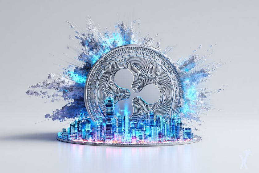 coin 3D xrp gris explosion bleue, ville futuriste, fond gris