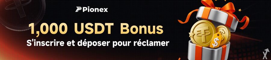 Ein Banner mit goldener Schrift '1,000 USDT Bonus' unter dem Pionex-Logo und links von einem silbernen Geschenk voller Krypto-Token